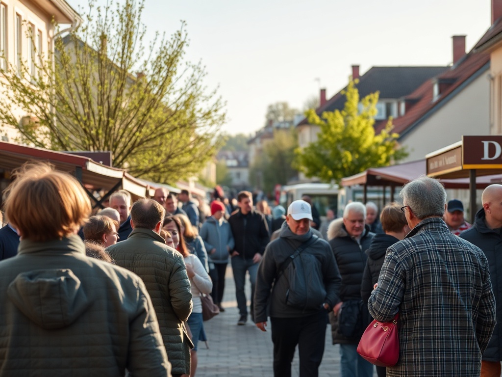 Mieszkańcy Dębicy świętujący Prima Aprilis na Rynku Dębickim, śmiejący się i dzielący żarty w wiosennej atmosferze