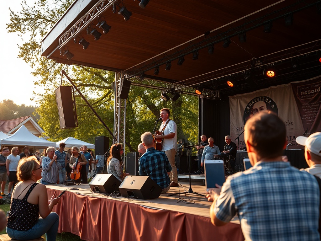 Młodzi muzycy na scenie podczas Dębickiej Karuzeli Muzycznej i archiwalne zdjęcie ulicy Dębicy z 2005 roku, ilustrujące Dębica kultura i historia.